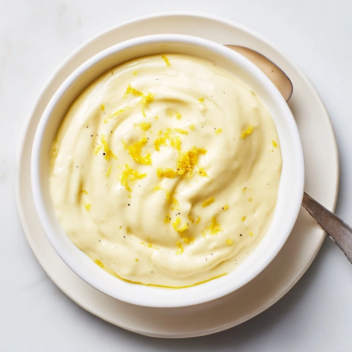 Smooth homemade lemon vinaigrette with olive oil swirl plated beside crisp green salad ingredients