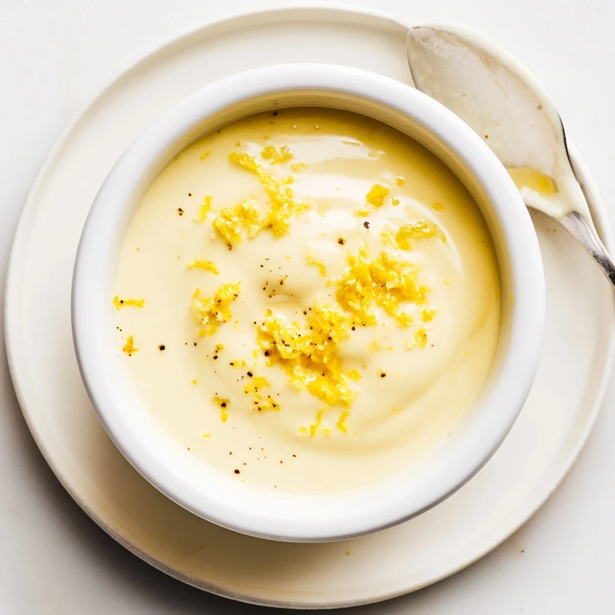 Bright tangy creamy lemon vinaigrette in glass jar with fresh lemon slices and herbs
