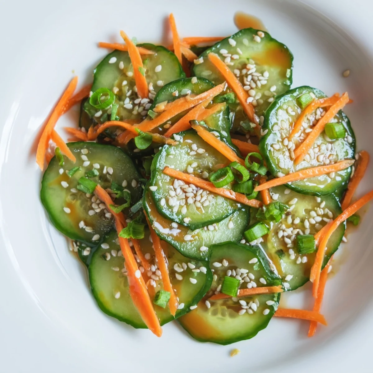Fresh cucumber salad with crisp slices coated in tangy sesame Asian dressing