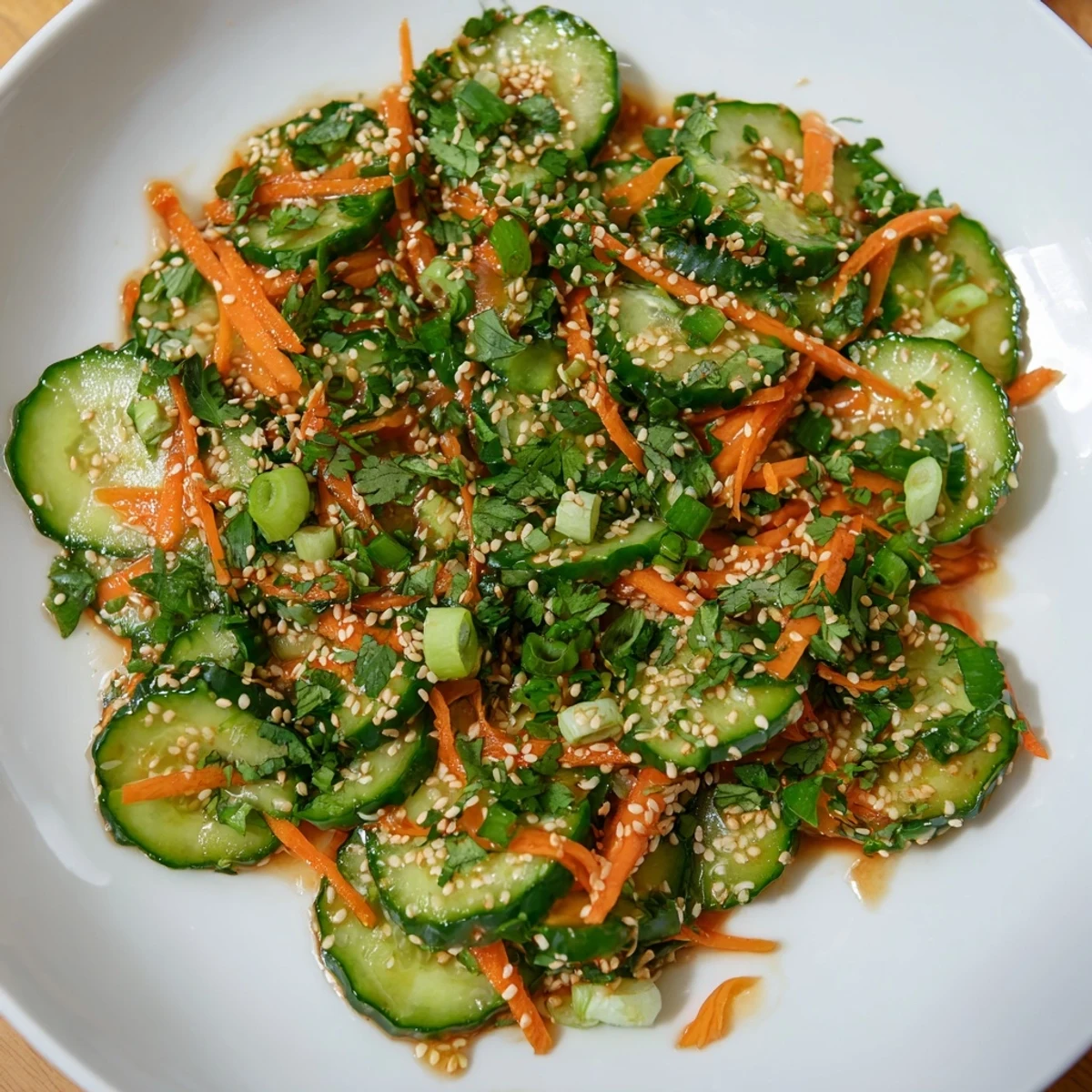 Crisp Asian cucumber salad topped with sesame seeds and chopped green onions