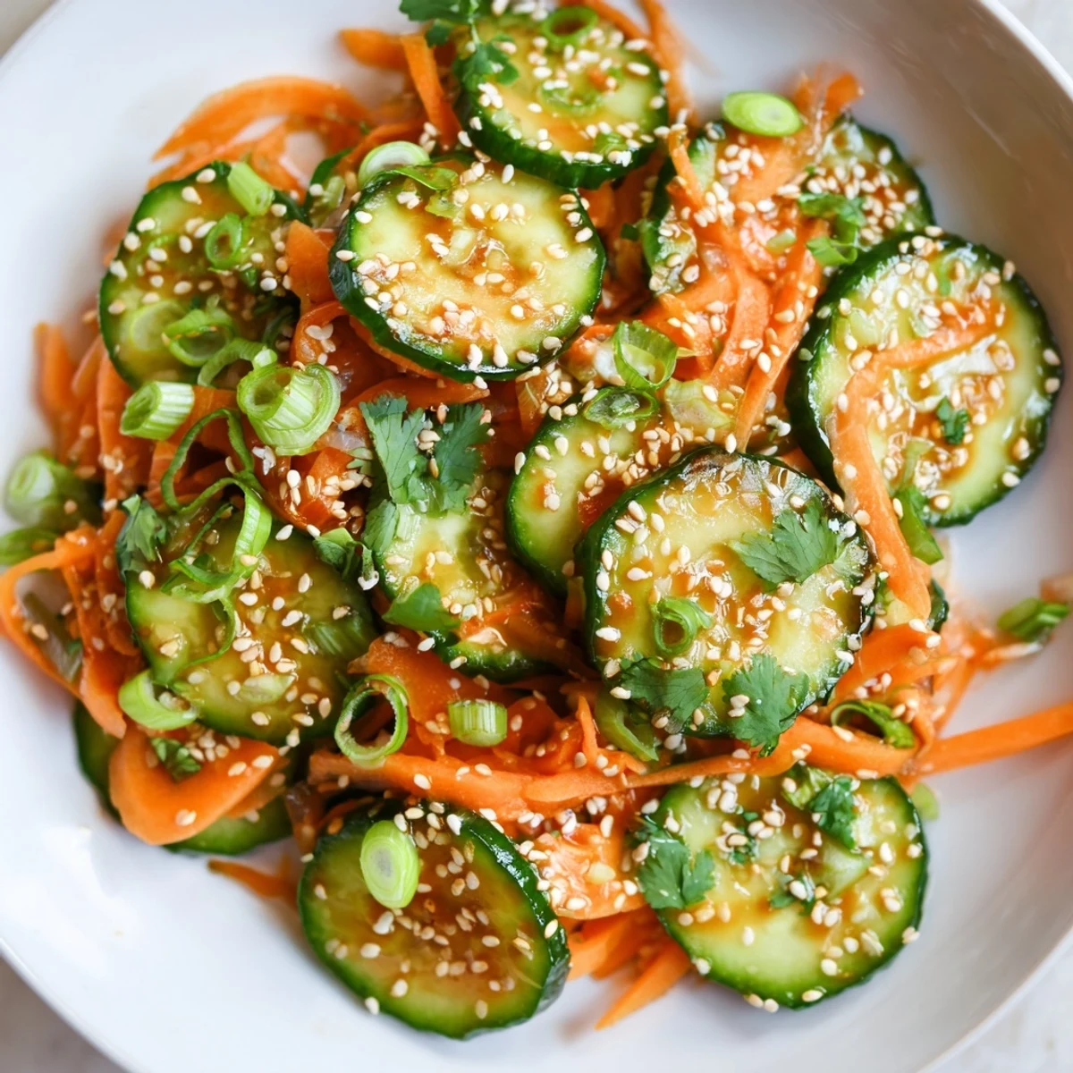Vibrant cucumber and carrot salad marinated in savory garlic sesame dressing