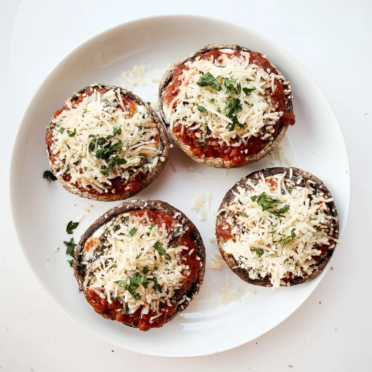 Golden baked portobello mushroom caps stuffed with ricotta filling and melted mozzarella cheese