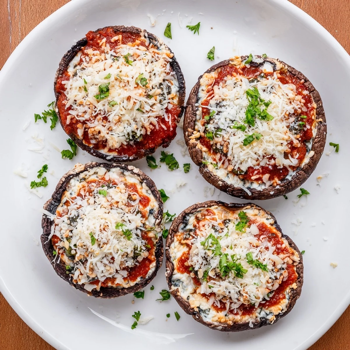 Hearty freezer-friendly stuffed lasagna portobellos topped with bubbling marinara and parmesan cheese