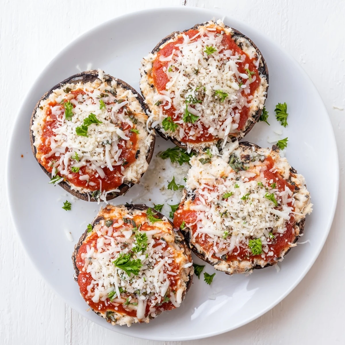 Low-carb Italian dinner featuring large mushroom caps filled with creamy ricotta and savory sauce