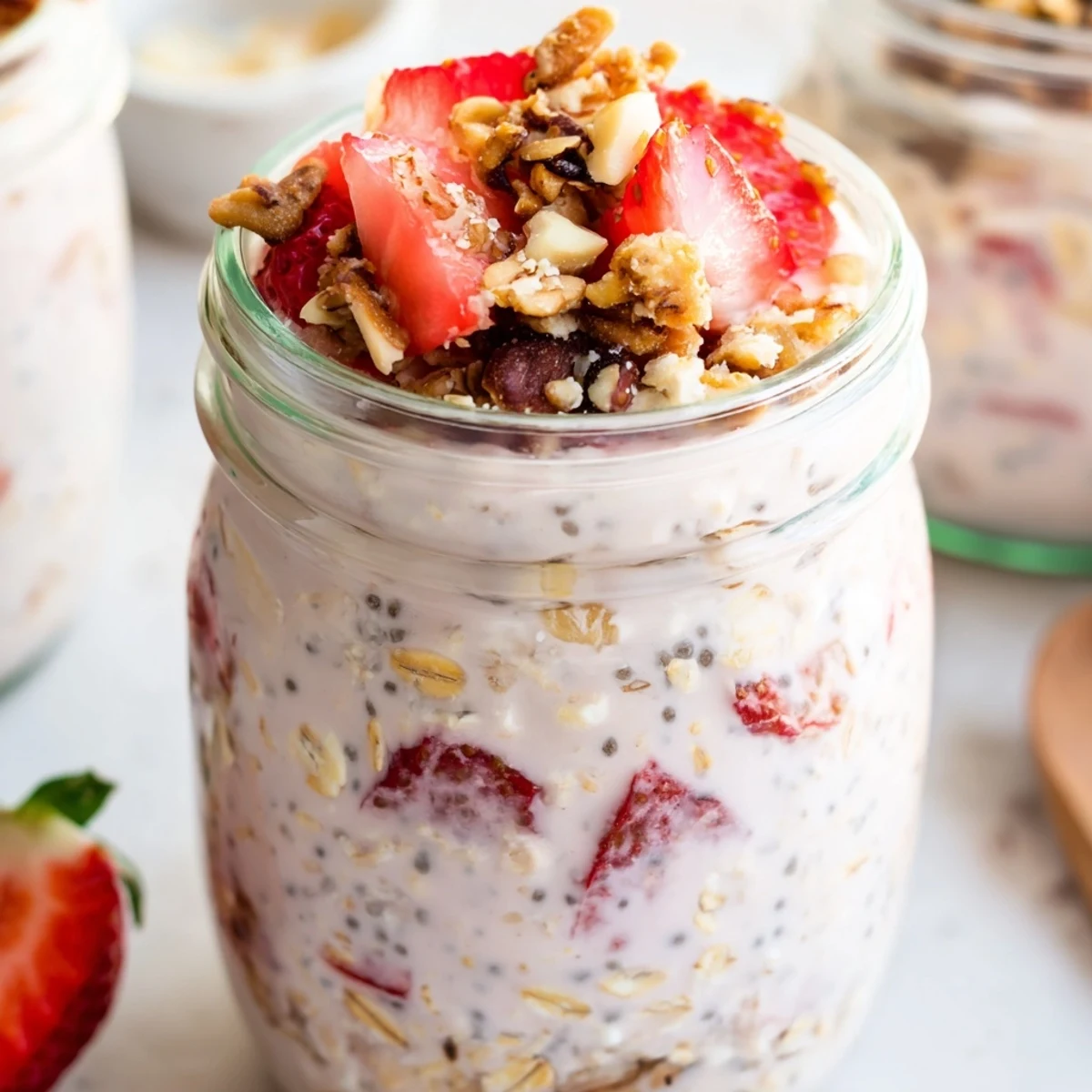 Glass jar filled with creamy strawberries and cream overnight oats topped with fresh strawberry slices