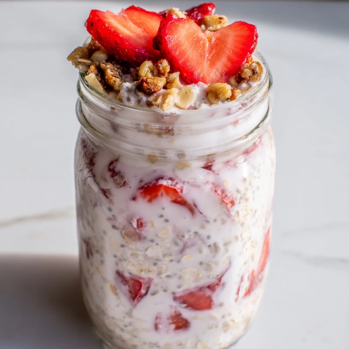 Close-up of strawberries and cream overnight oats layered with juicy red fruit and white yogurt