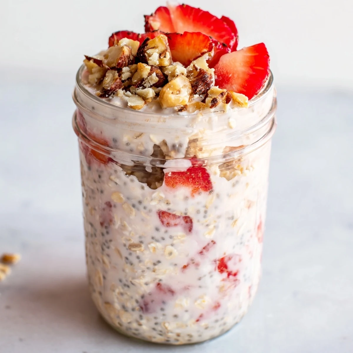 Mason jar breakfast of strawberries and cream overnight oats with diced berries and granola topping