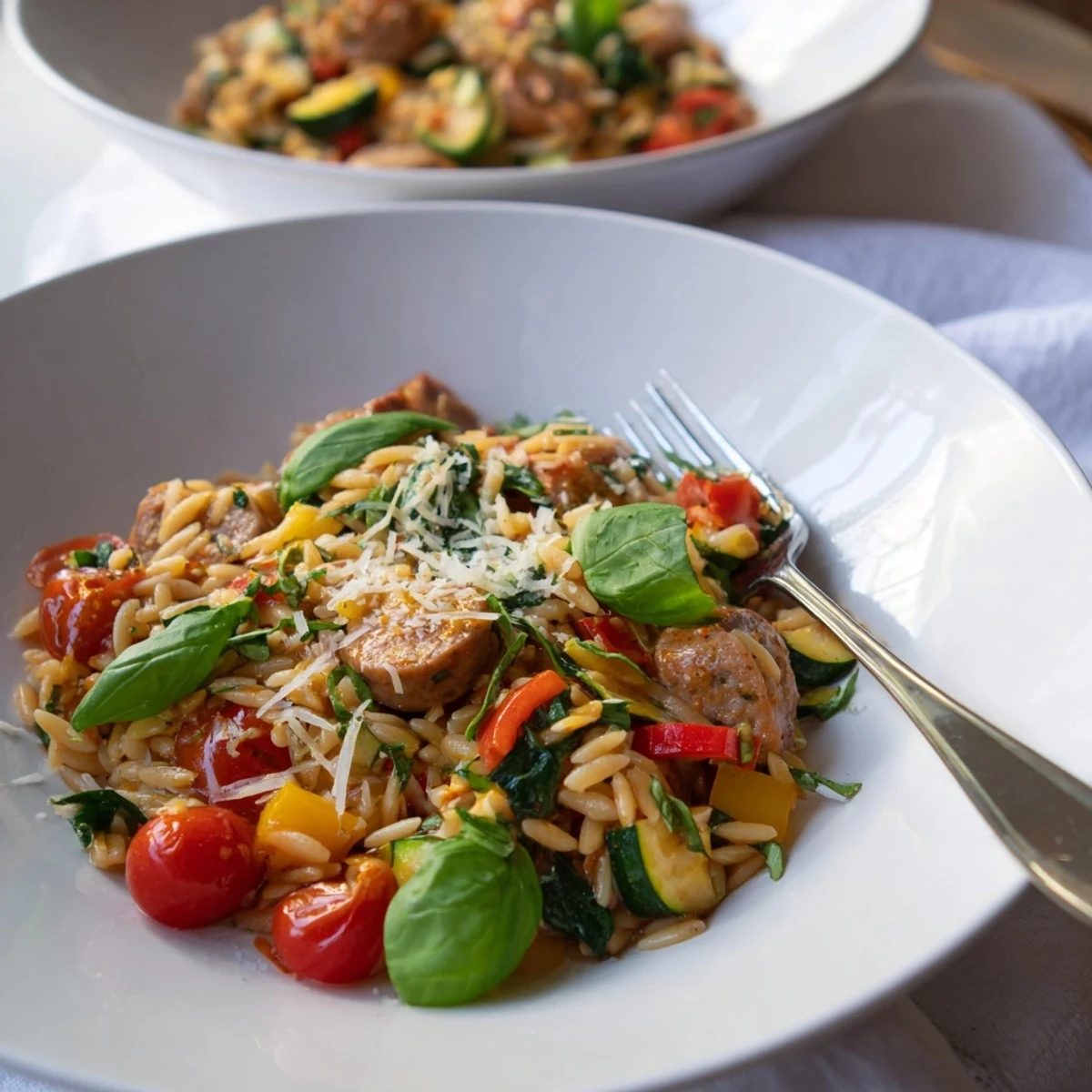 Golden chicken sausage orzo one pot meal with colorful vegetables and fresh spinach garnish