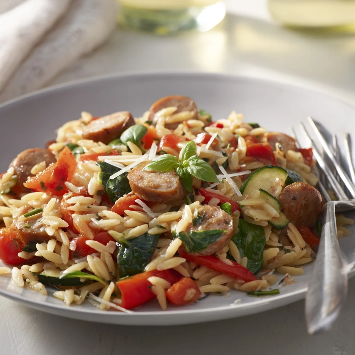 Creamy chicken sausage orzo one pot dish featuring tender pasta and juicy sliced sausage in a rich broth