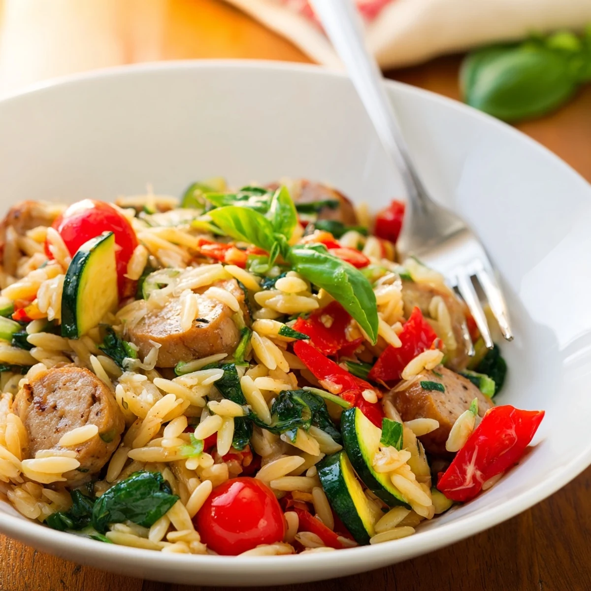 Hearty chicken sausage orzo one pot meal served steaming hot with vibrant tomatoes and wilted greens