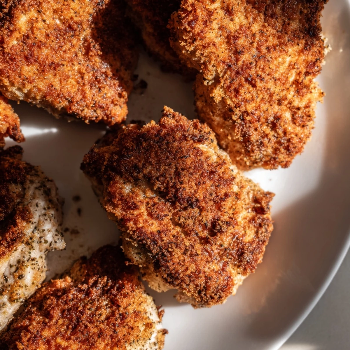 Golden brown crispy chicken fried chicken resting on a wire rack with visible seasoning