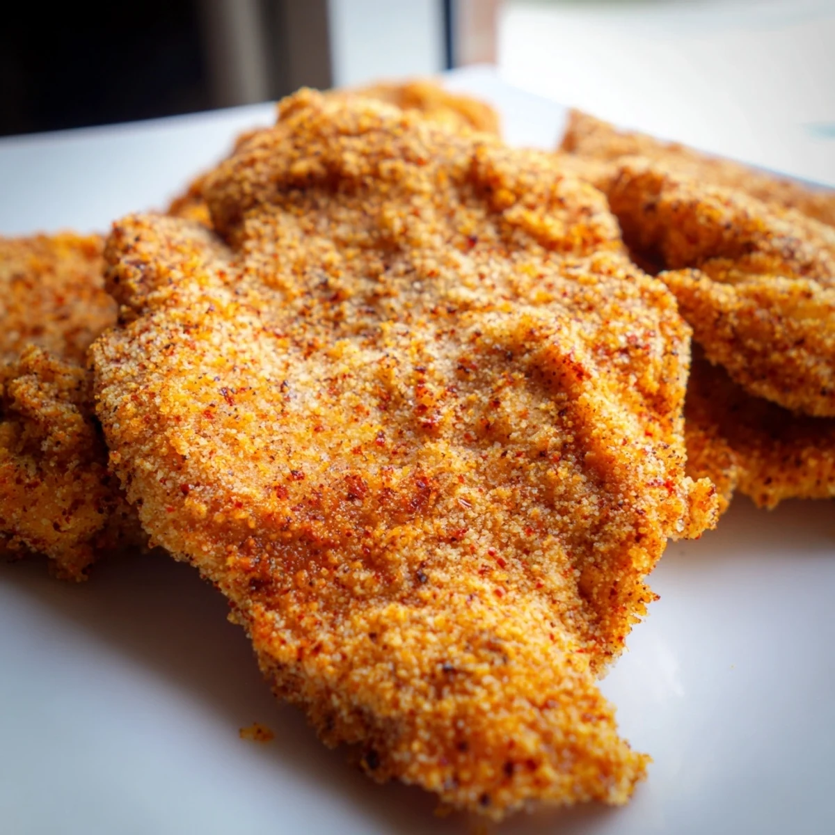 Homemade crispy chicken fried chicken featuring a double-dipped crunchy coating on a white serving platter
