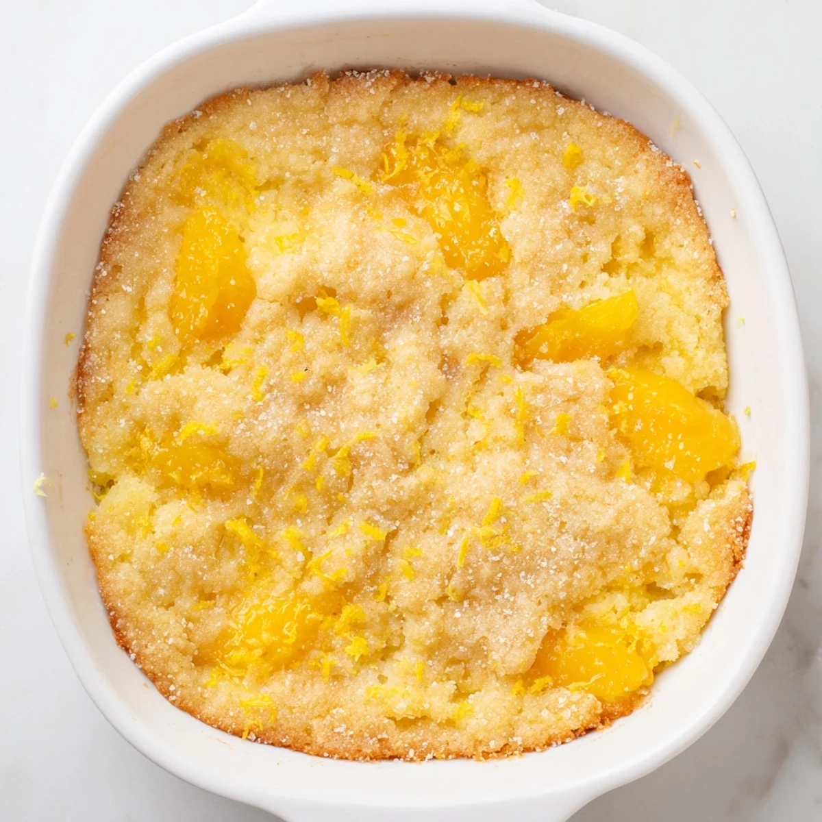 Warm citrus lemon dump cake served fresh from the oven with tender fruit layers