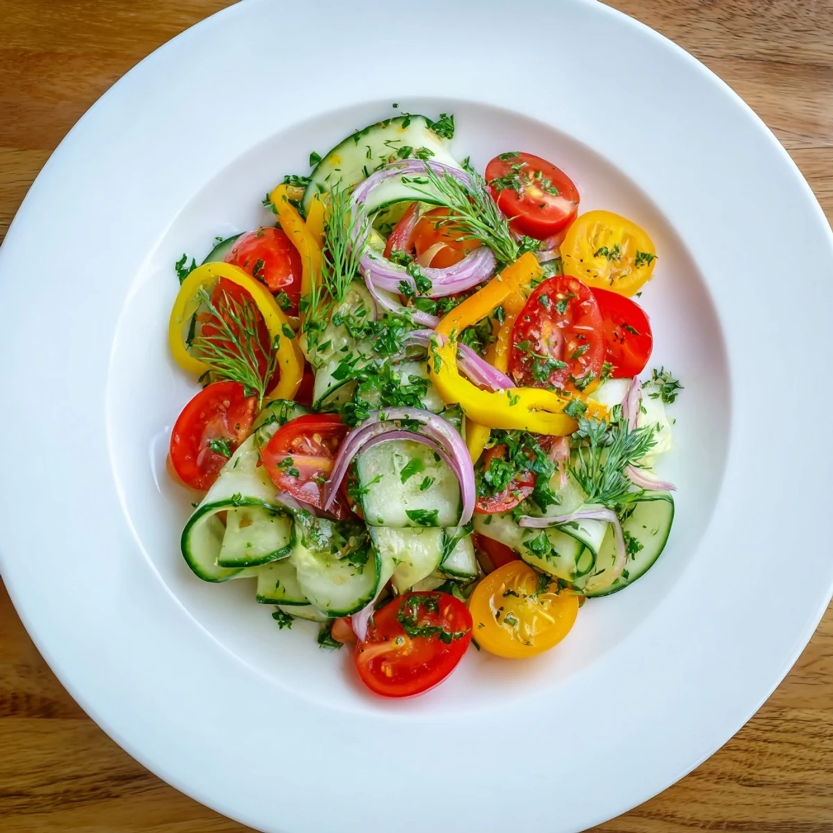 Fresh cucumber and sweet pepper salad with colorful vegetables in a zesty herby dressing