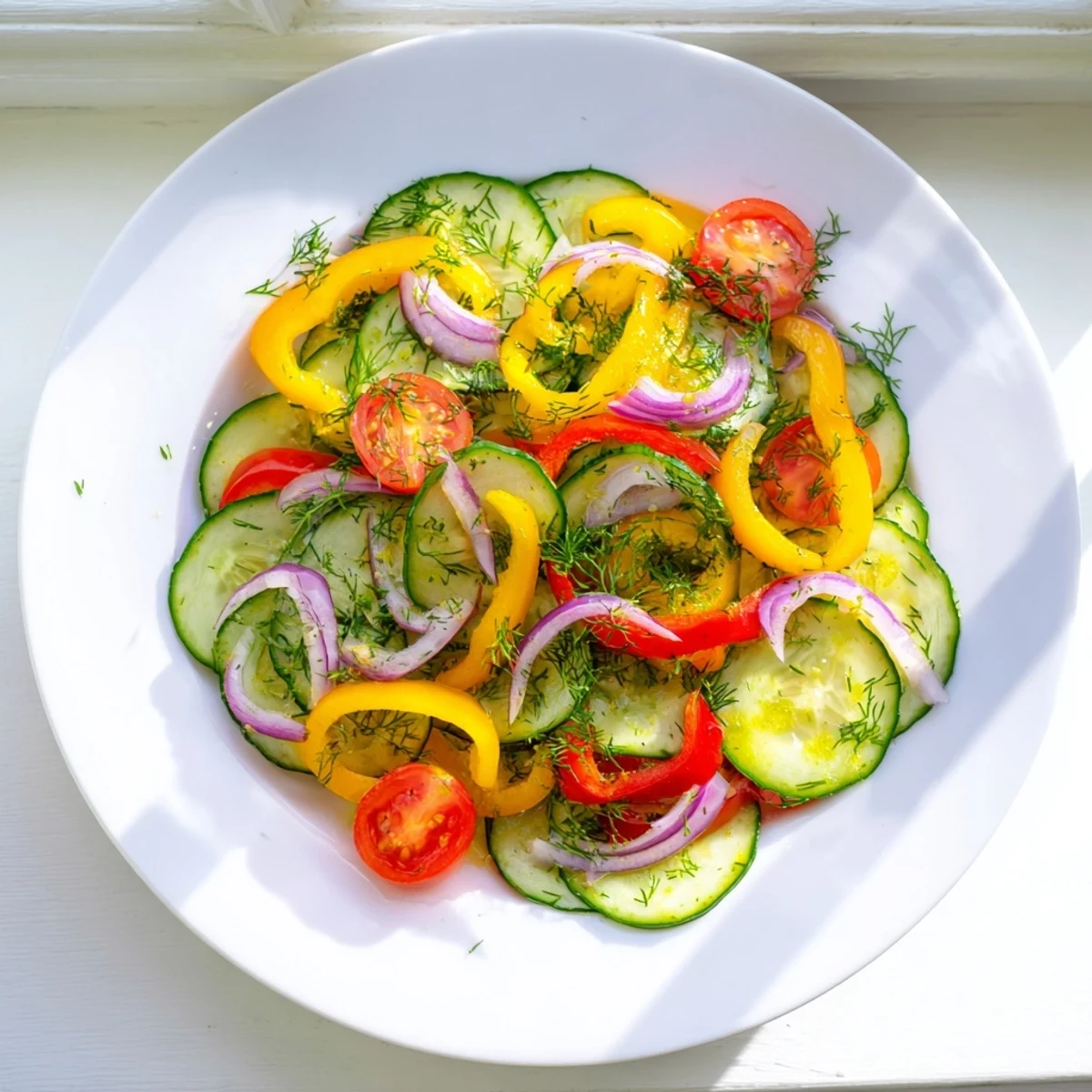 Light cucumber and sweet pepper salad tossed with olive oil lemon and fresh herbs