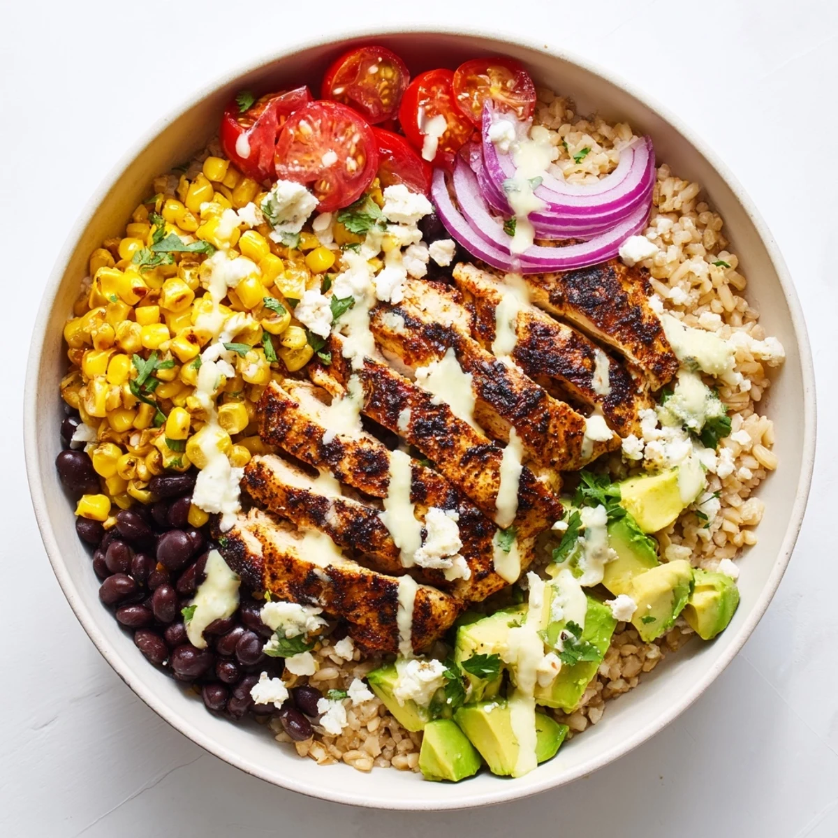 Vibrant Mexican-inspired protein packed street corn chicken bowl loaded with juicy chicken, cotija cheese, and fresh cilantro garnish