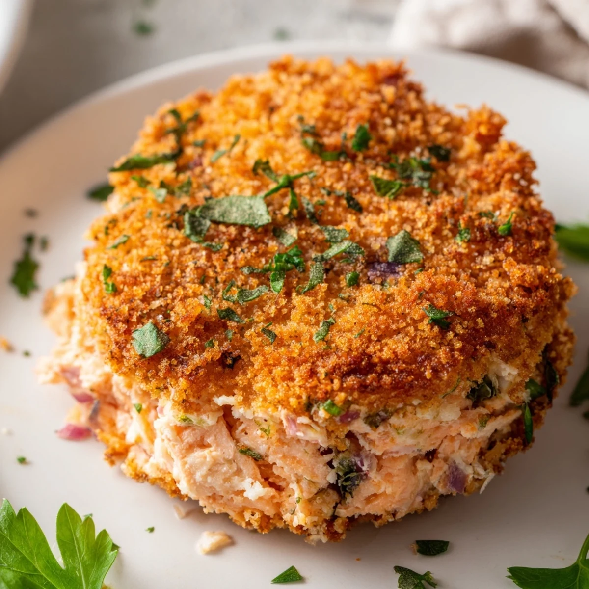 Golden brown crispy salmon cakes served on a white plate with fresh lemon wedges