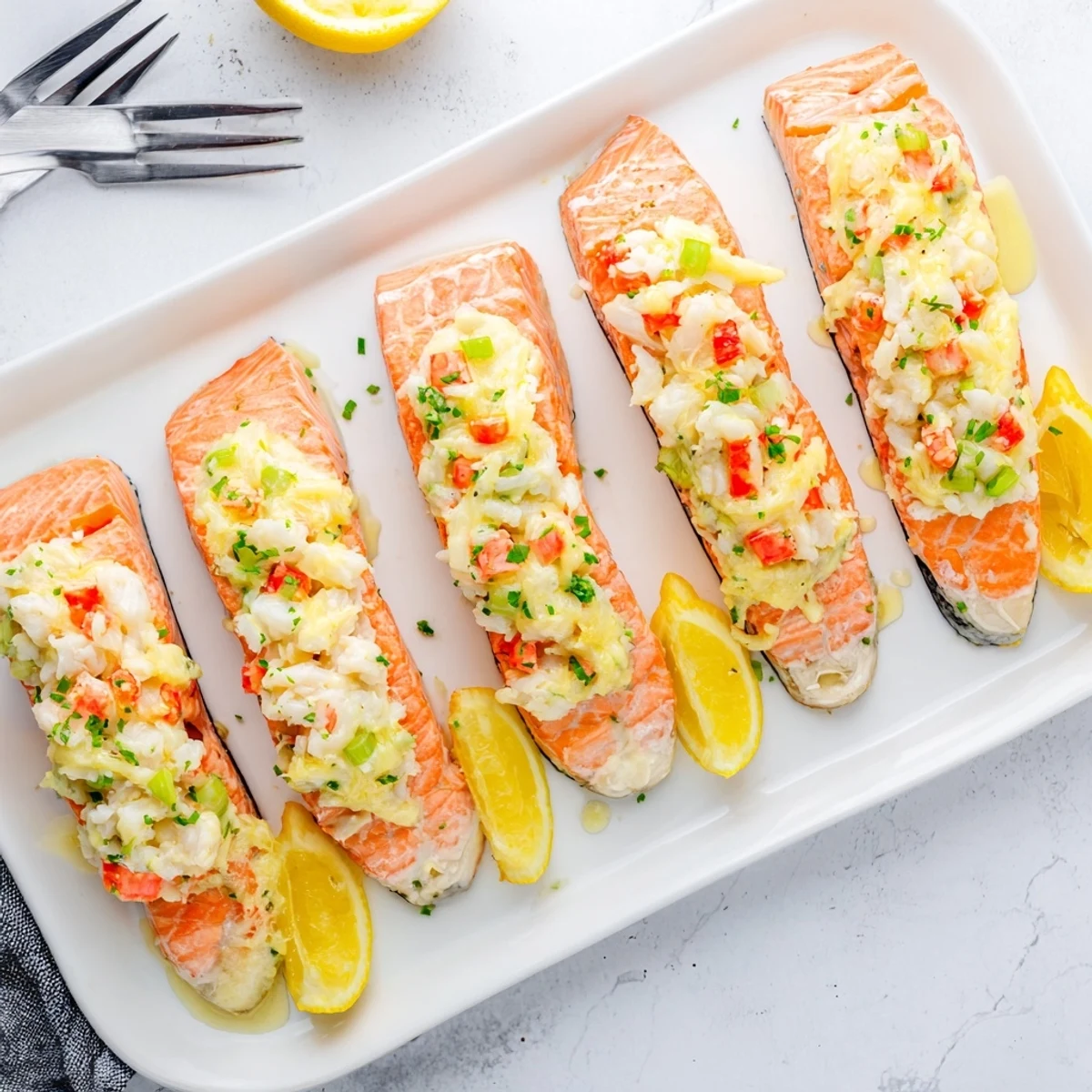 Golden baked salmon fillet generously stuffed with savory crab and shrimp mixture