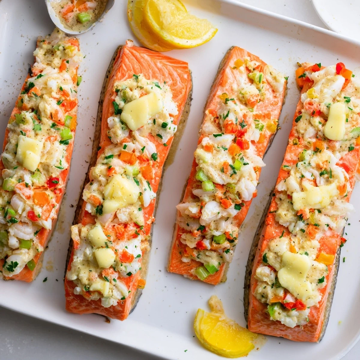 Elegant crab and shrimp stuffed salmon topped with melted butter and fresh parsley
