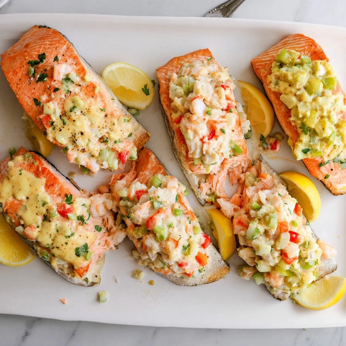 Juicy salmon pocket overflowing with seasoned crab meat and chopped seafood stuffing