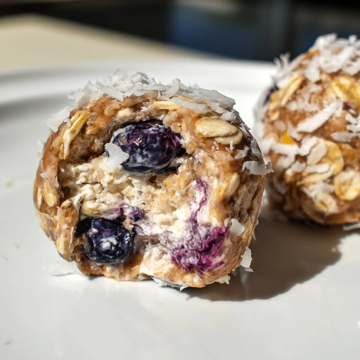 No-bake lemon blueberry cottage cheese protein bites rolled in coconut on white plate