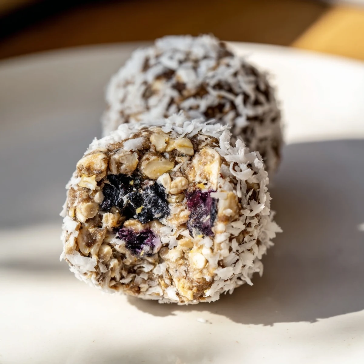 Fresh blueberry and lemon protein balls with cottage cheese arranged on wooden board