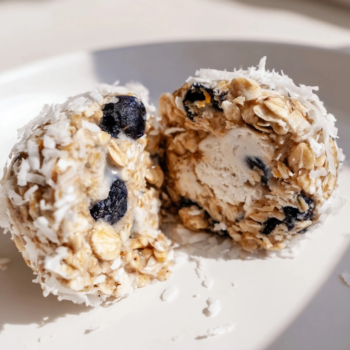 Creamy cottage cheese protein bites with juicy blueberries and lemon zest on marble surface