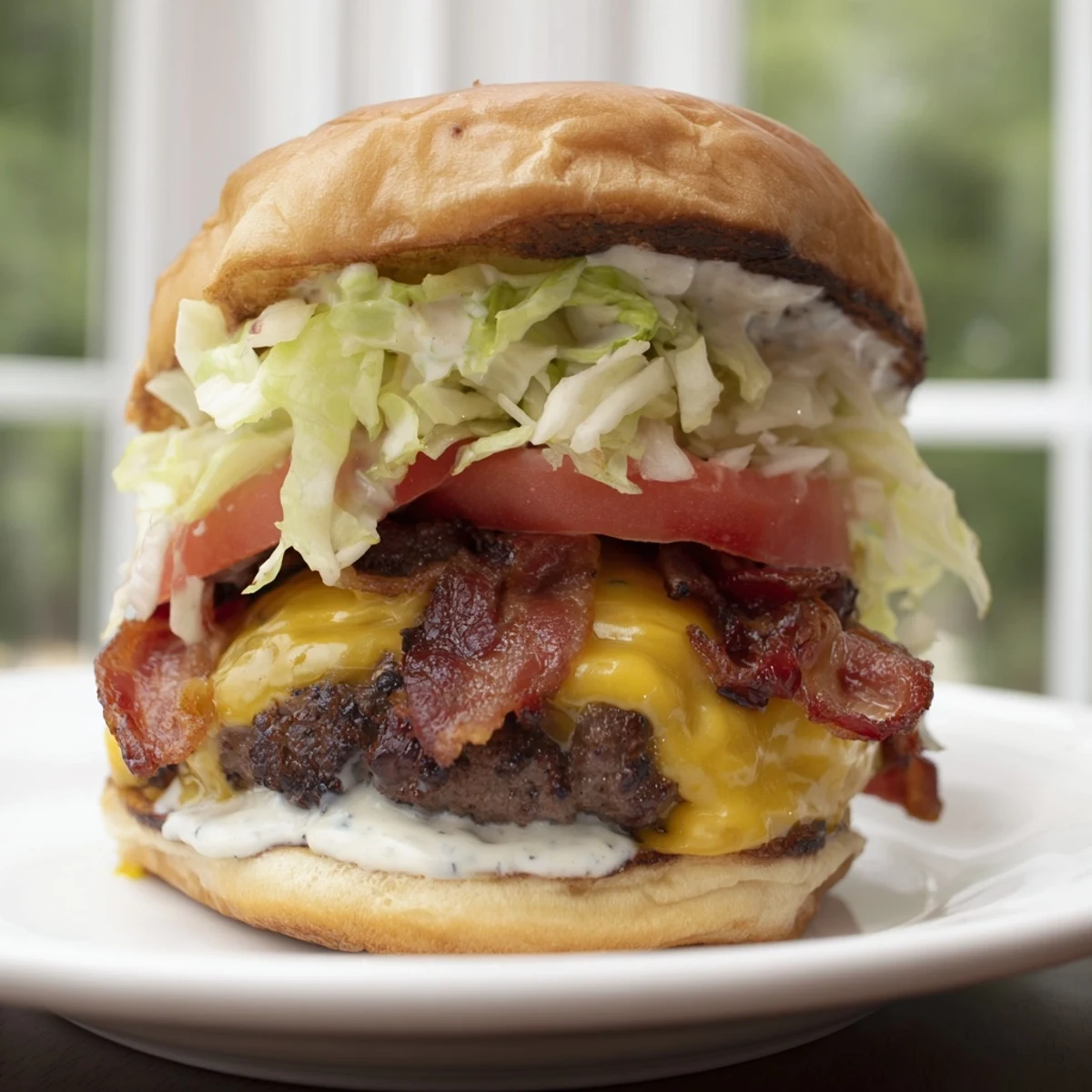 Juicy homemade Crack Burger stacked high with bacon, lettuce, and creamy ranch dripping down the sides
