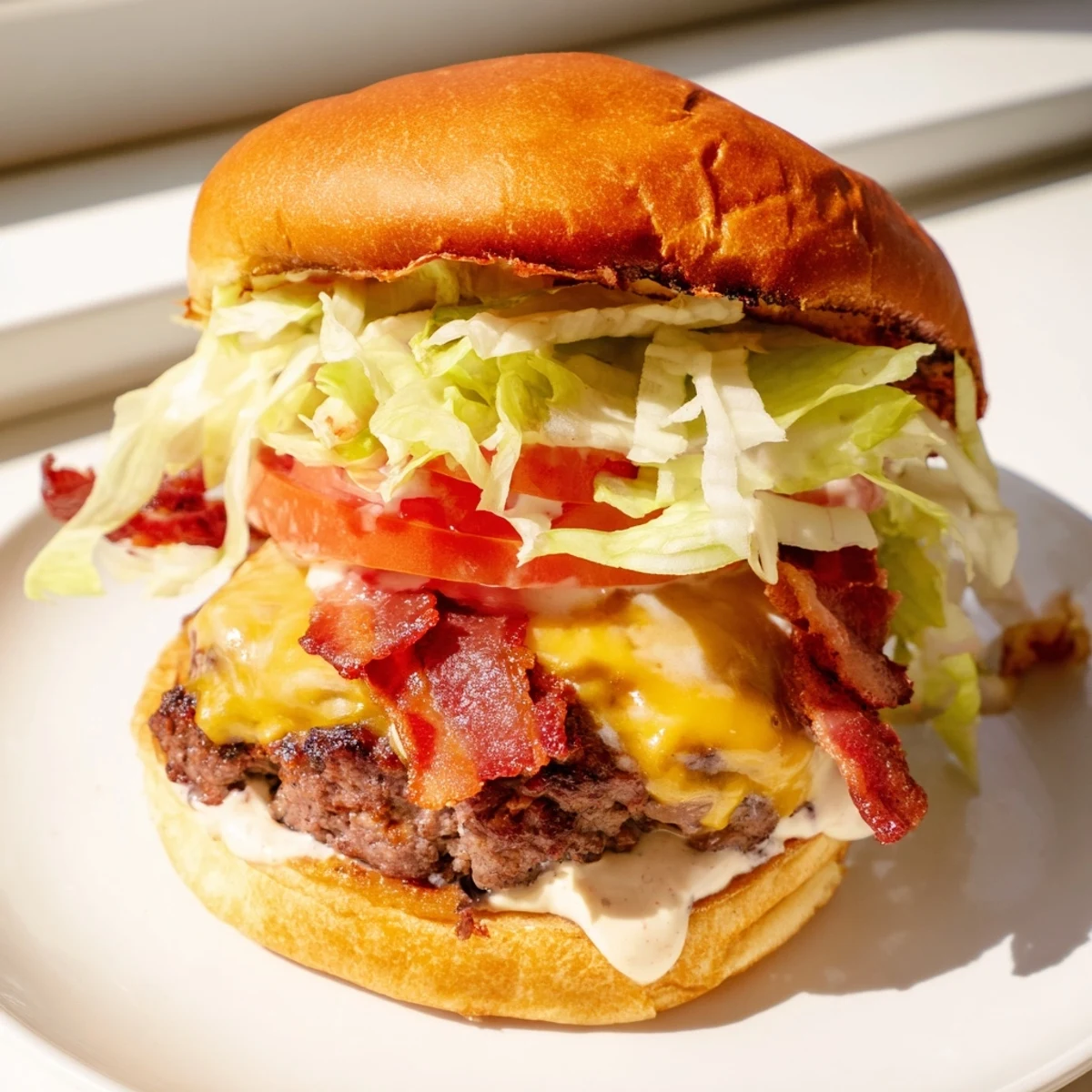 Bite-sized view of Crack Burger revealing layers of beef patty, melted cheese, and crispy fried onion topping