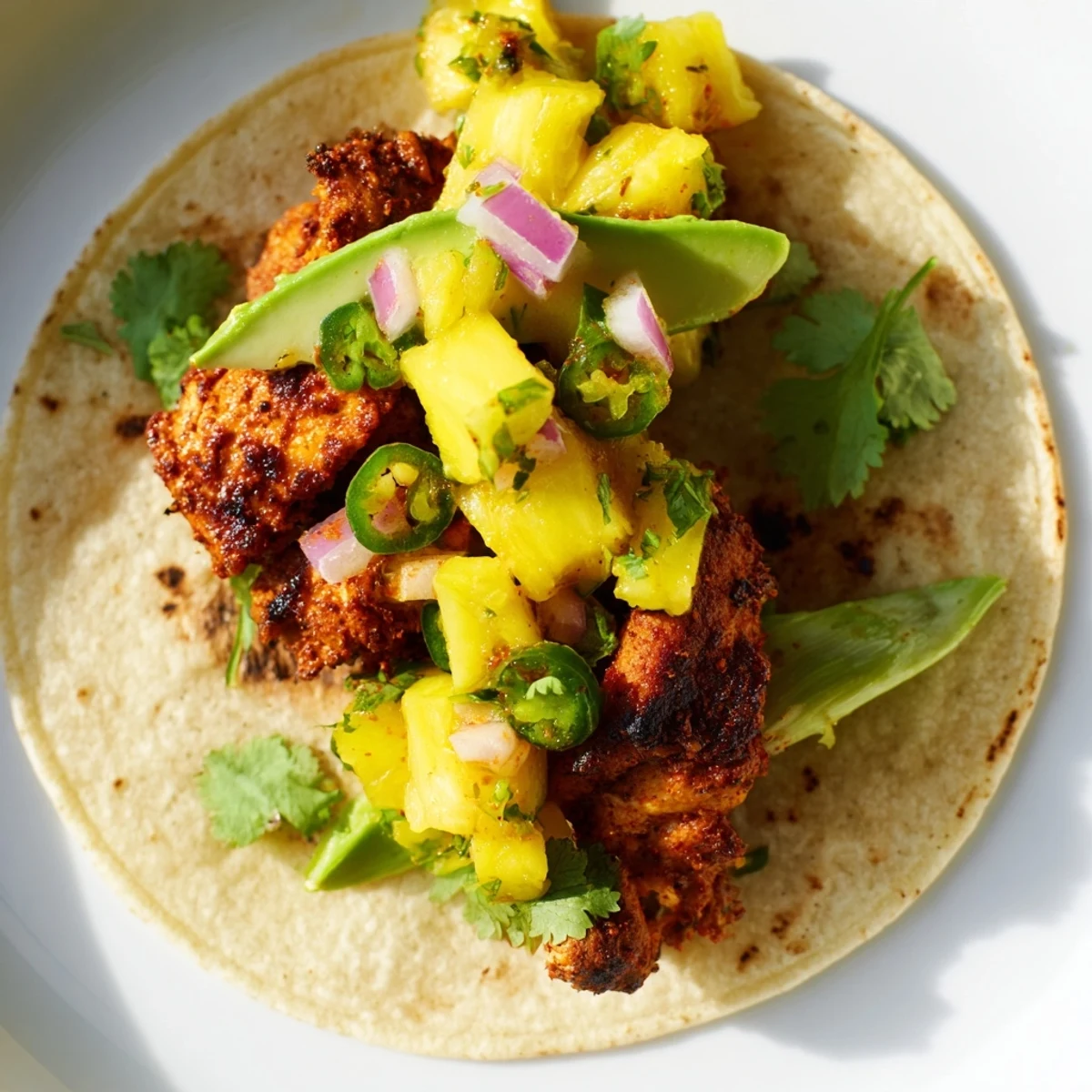 Juicy spiced chicken nestled in warm tortillas with sweet pineapple chunks