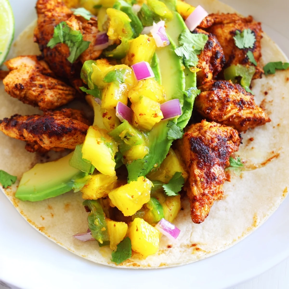 Golden pineapple chicken tacos topped with fresh salsa and creamy avocado slices