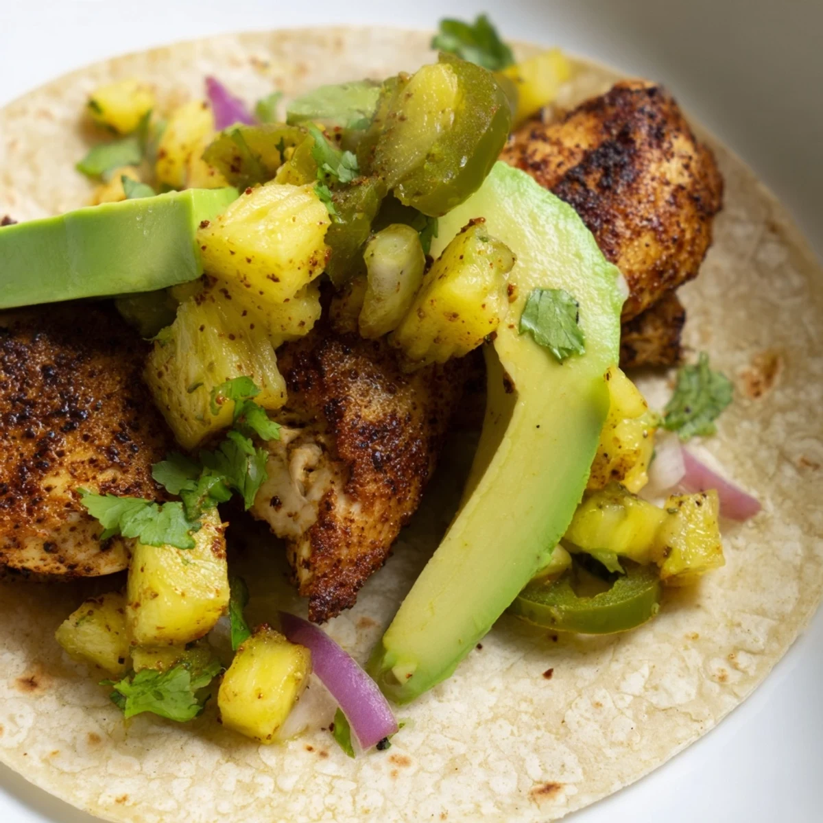 Vibrant pineapple chicken tacos featuring colorful salsa and bright green cilantro garnish