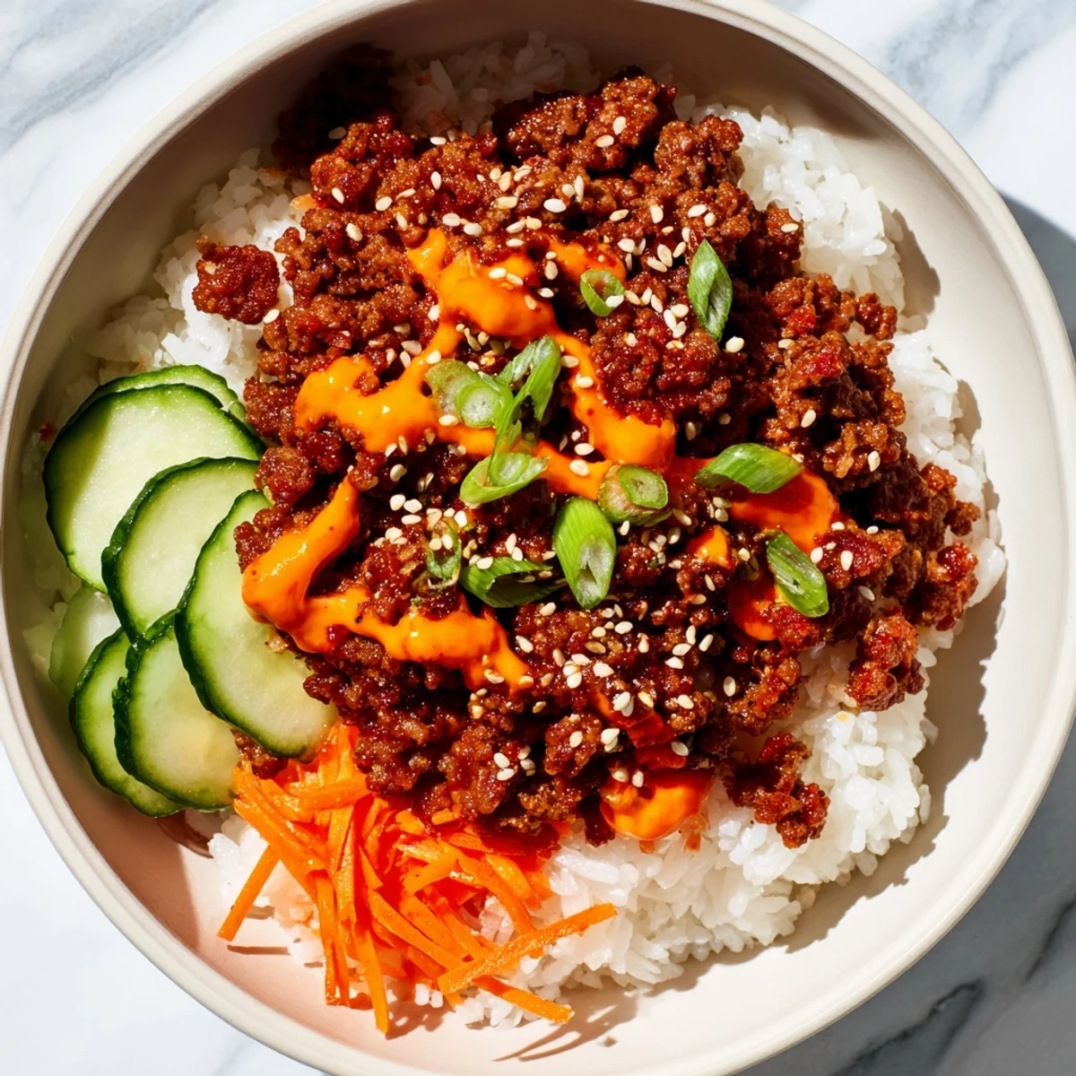 Golden Korean beef bowl with spicy mayo drizzle over fluffy white rice and colorful fresh vegetables