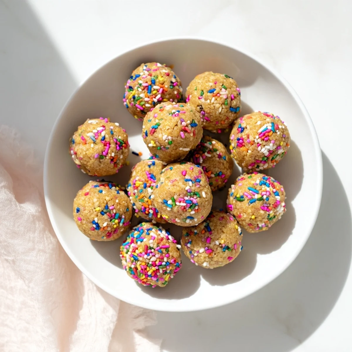 Birthday cake batter protein balls rolled in rainbow sprinkles on a white plate