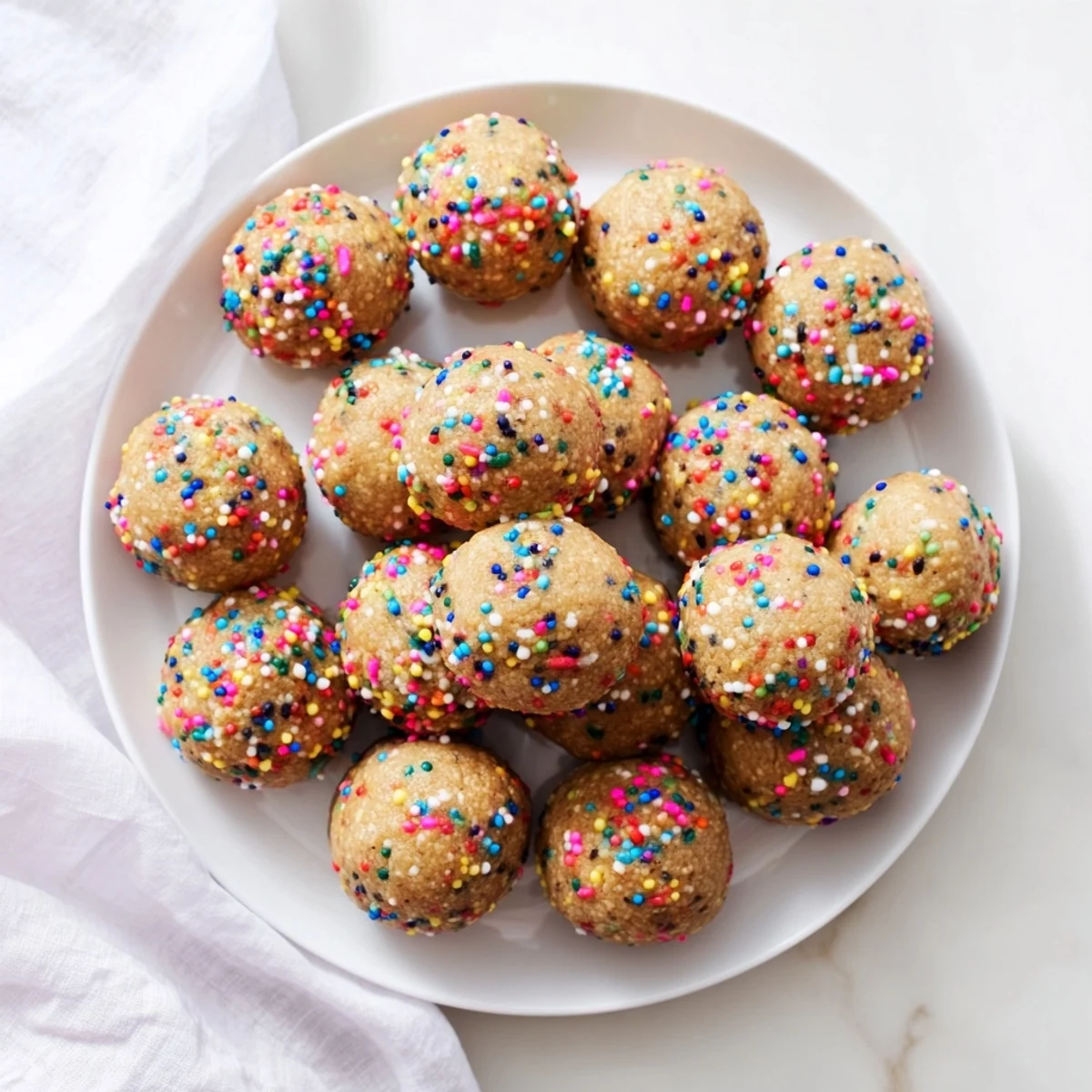 Soft no-bake birthday cake batter protein bites dotted with colorful confetti sprinkles