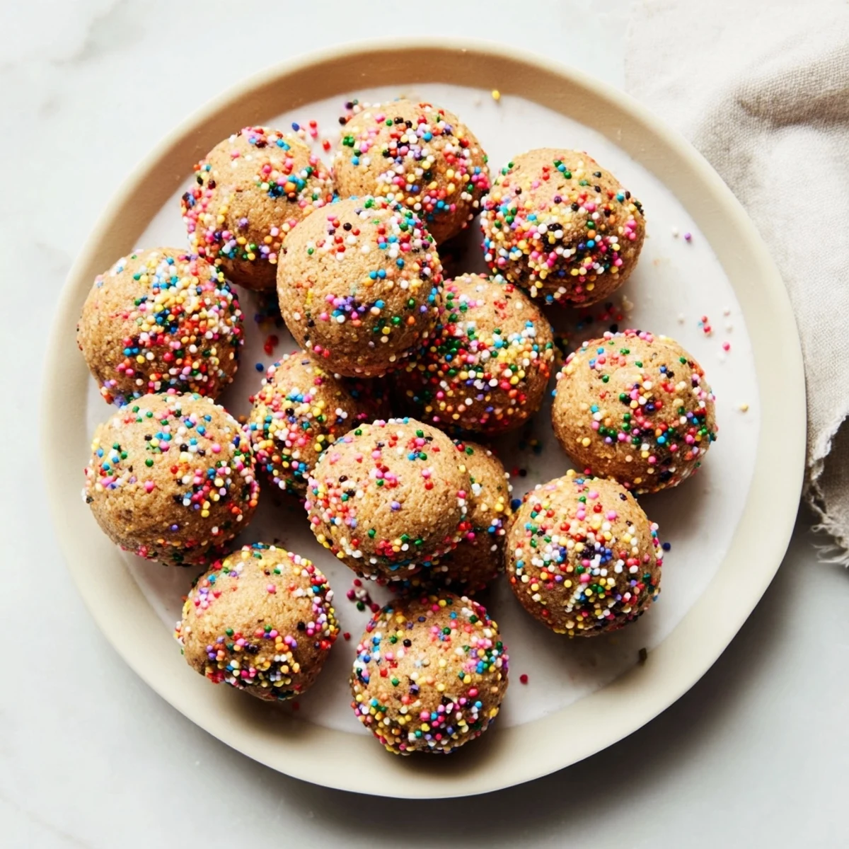 Homemade birthday cake batter protein balls coated in festive rainbow sprinkles for snacking