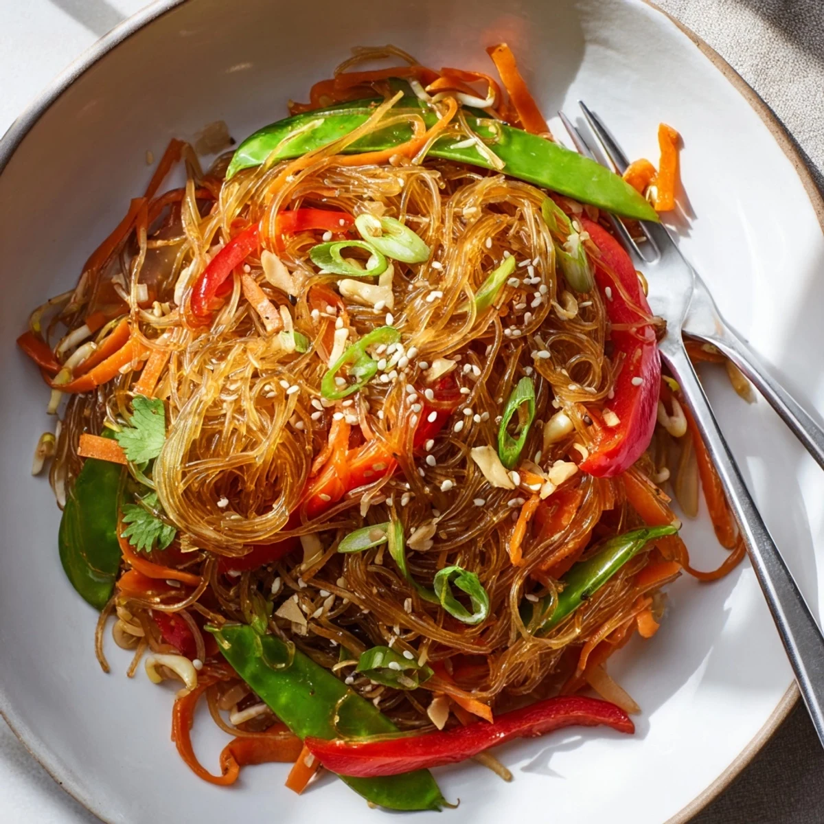 Golden rice noodle stir fry with colorful crisp vegetables in savory sesame soy sauce