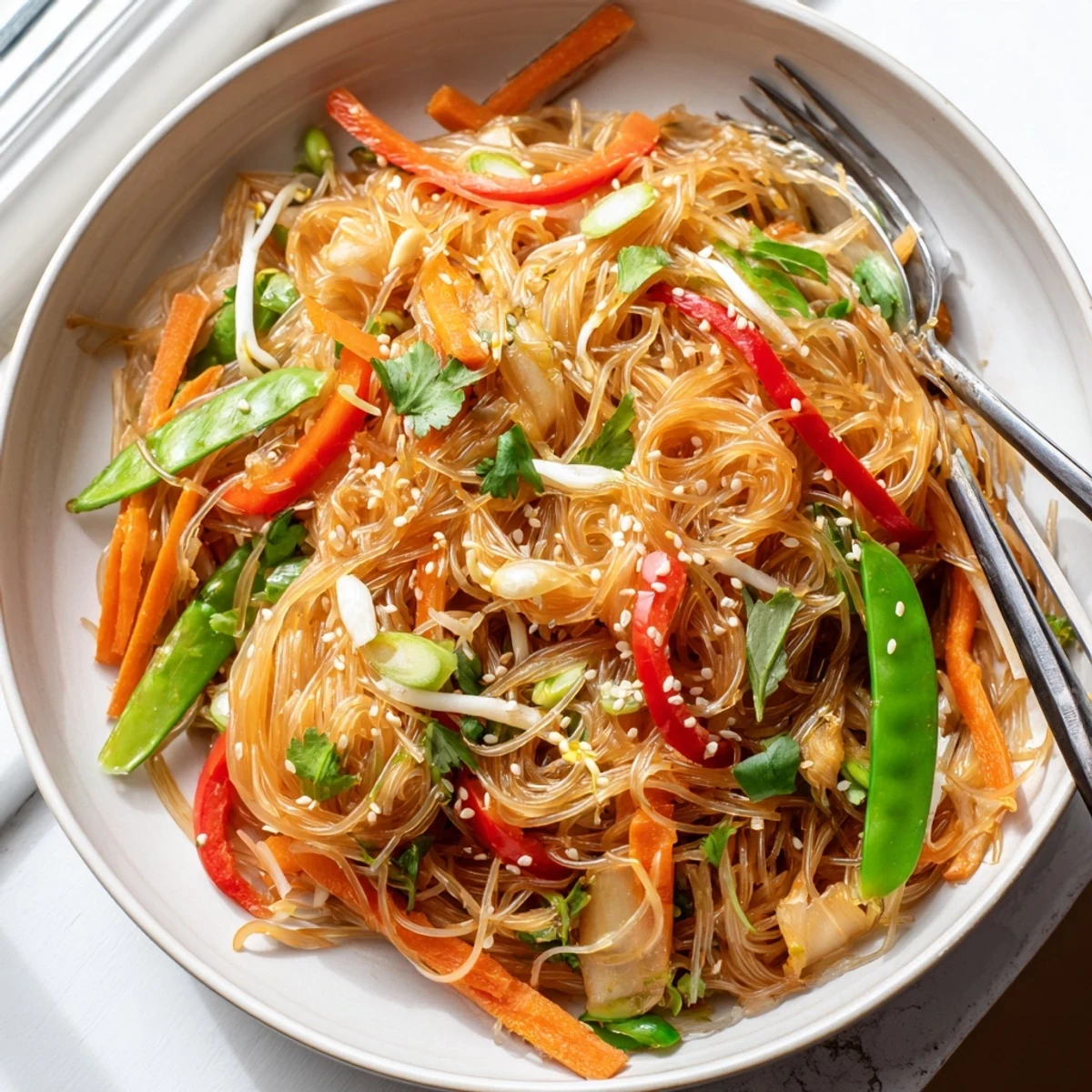 Vibrant vegetable rice noodle stir fry topped with fresh cilantro and toasted sesame seeds