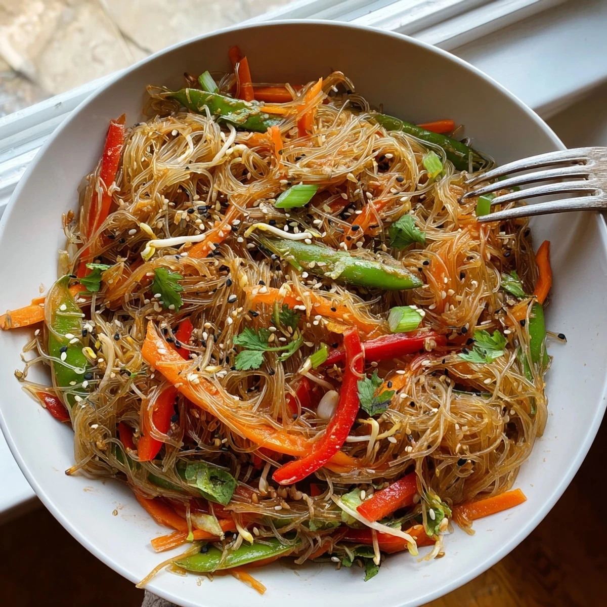 Sizzling wok rice noodle stir fry featuring snap peas bell peppers and tangy lime