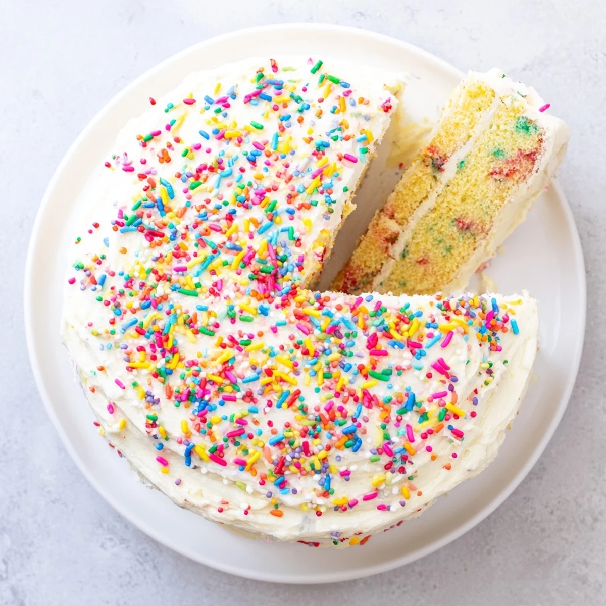 Two-layer gluten-free funfetti birthday cake with sprinkles baked inside, frosted in white buttercream and decorated with bright confetti.