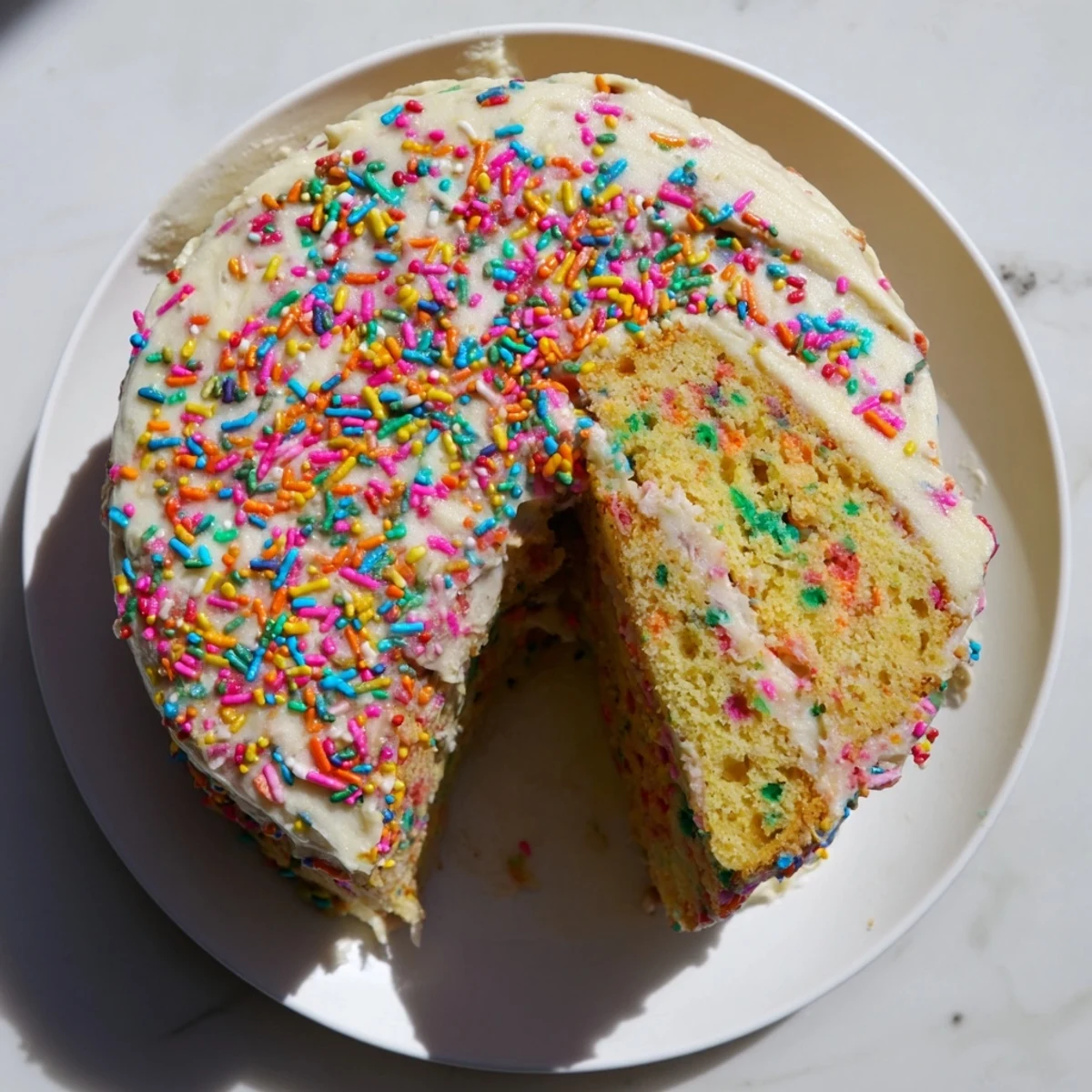 Moist gluten-free funfetti birthday cake topped with creamy vanilla buttercream frosting and colorful rainbow sprinkles for celebrations.