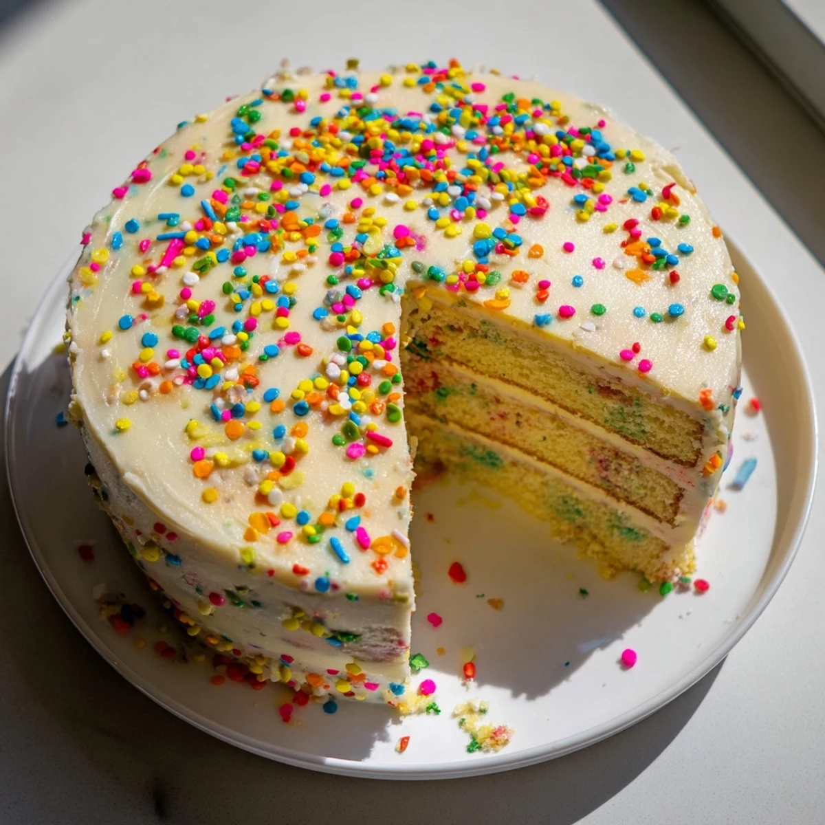 Slice of fluffy gluten-free funfetti birthday cake showing vanilla crumb studded with rainbow sprinkles under smooth white frosting.