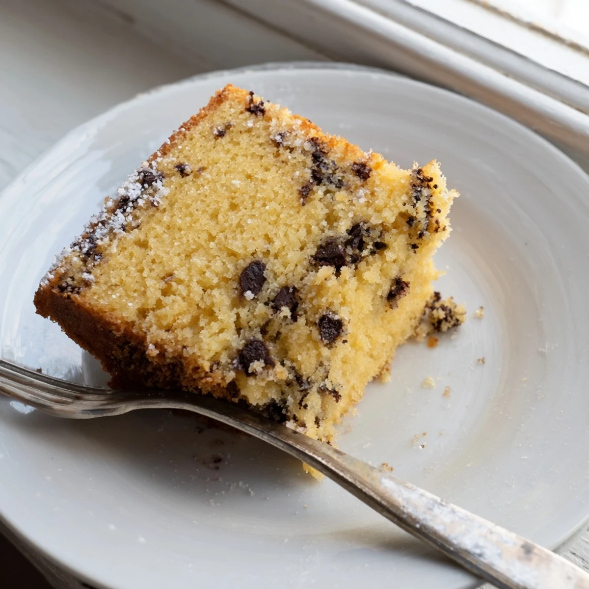 Golden chocolate chip cake with melted chocolate pockets and a sugary crusted top