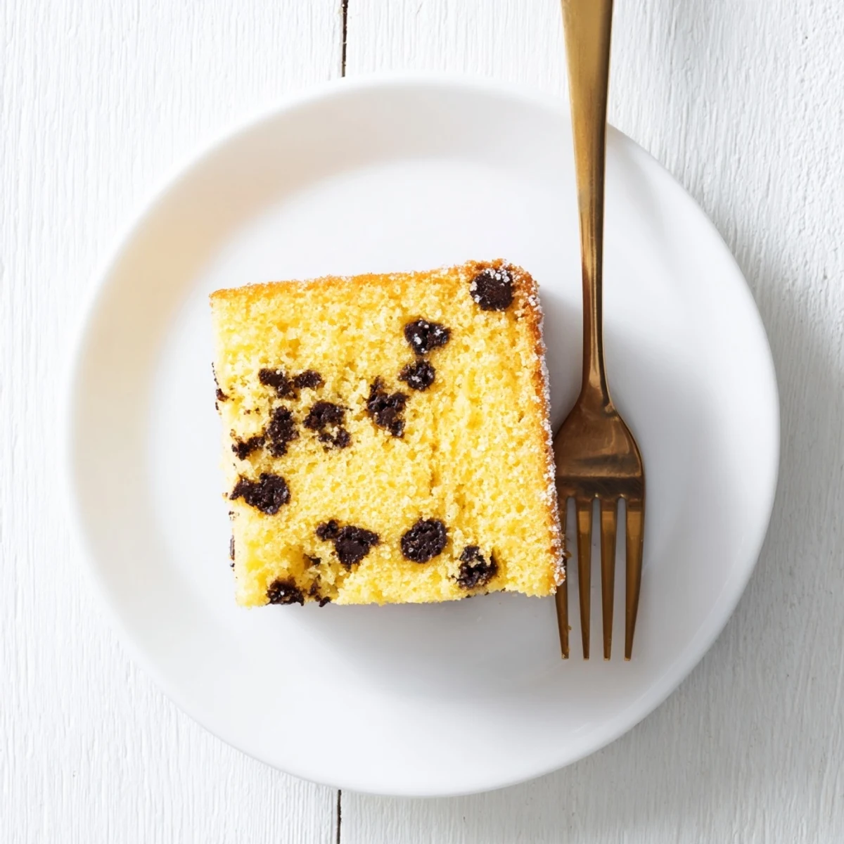 Slice of moist chocolate chip cake showing generous chocolate chips throughout tender crumbs