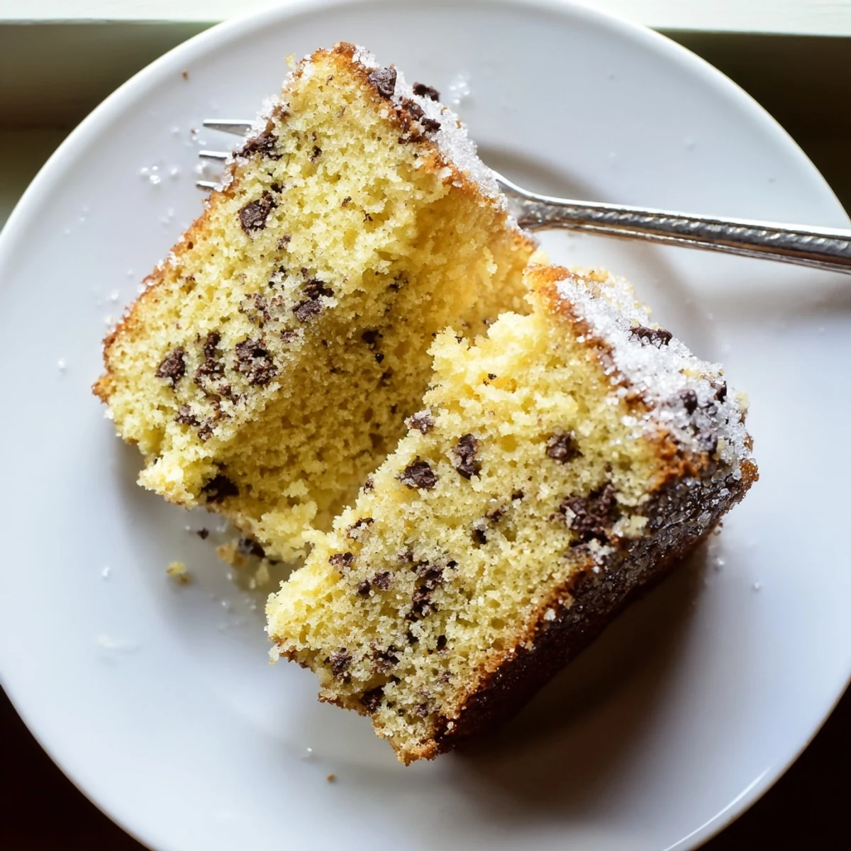 Homemade chocolate chip cake served on white plate with scattered chocolate chips