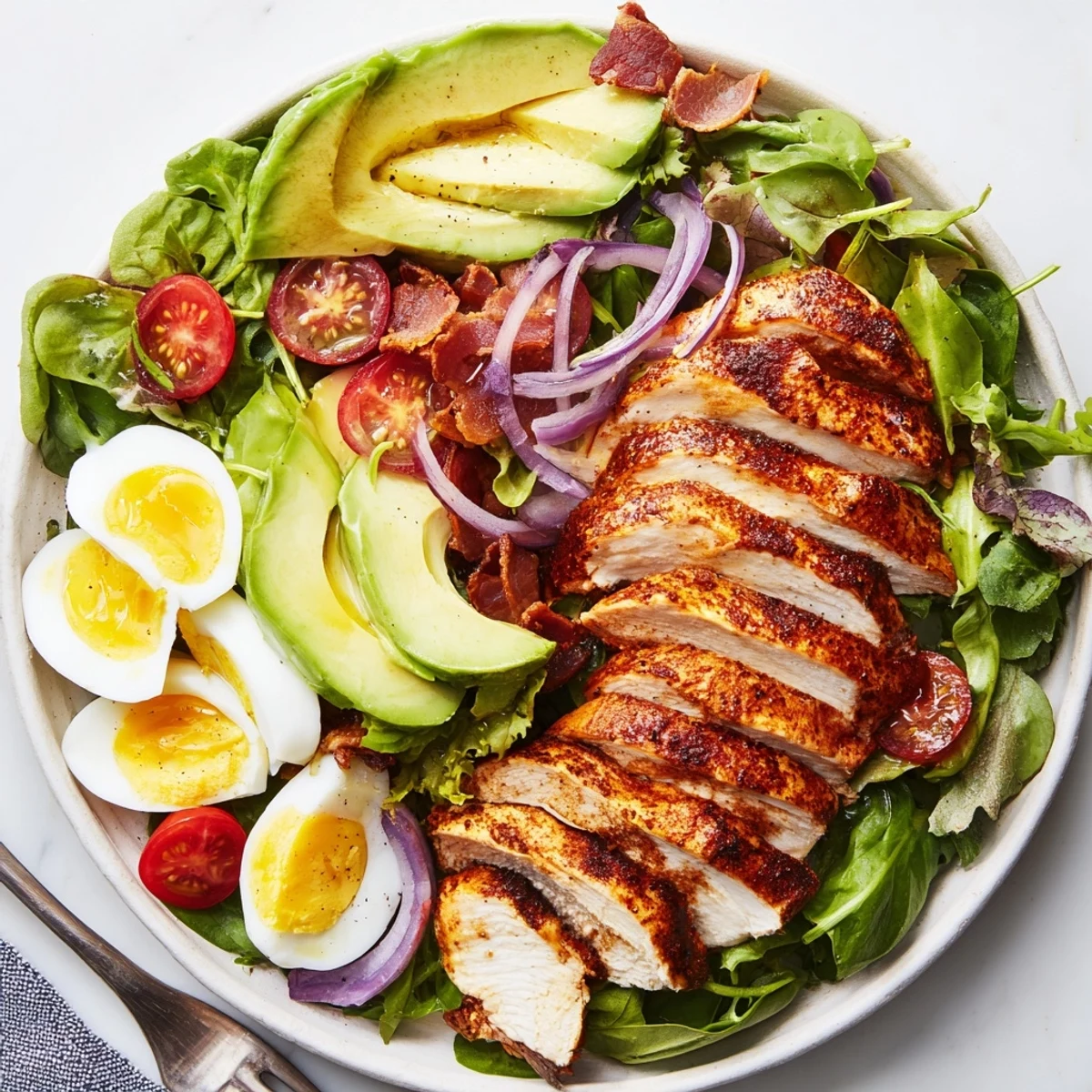 Paleo grilled chicken Cobb salad with honey Dijon dressing arranged in a colorful layered bowl