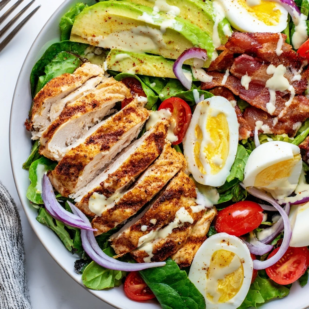 Crisp salad platter featuring seasoned grilled chicken, smoky bacon, creamy avocado, and tangy honey Dijon dressing