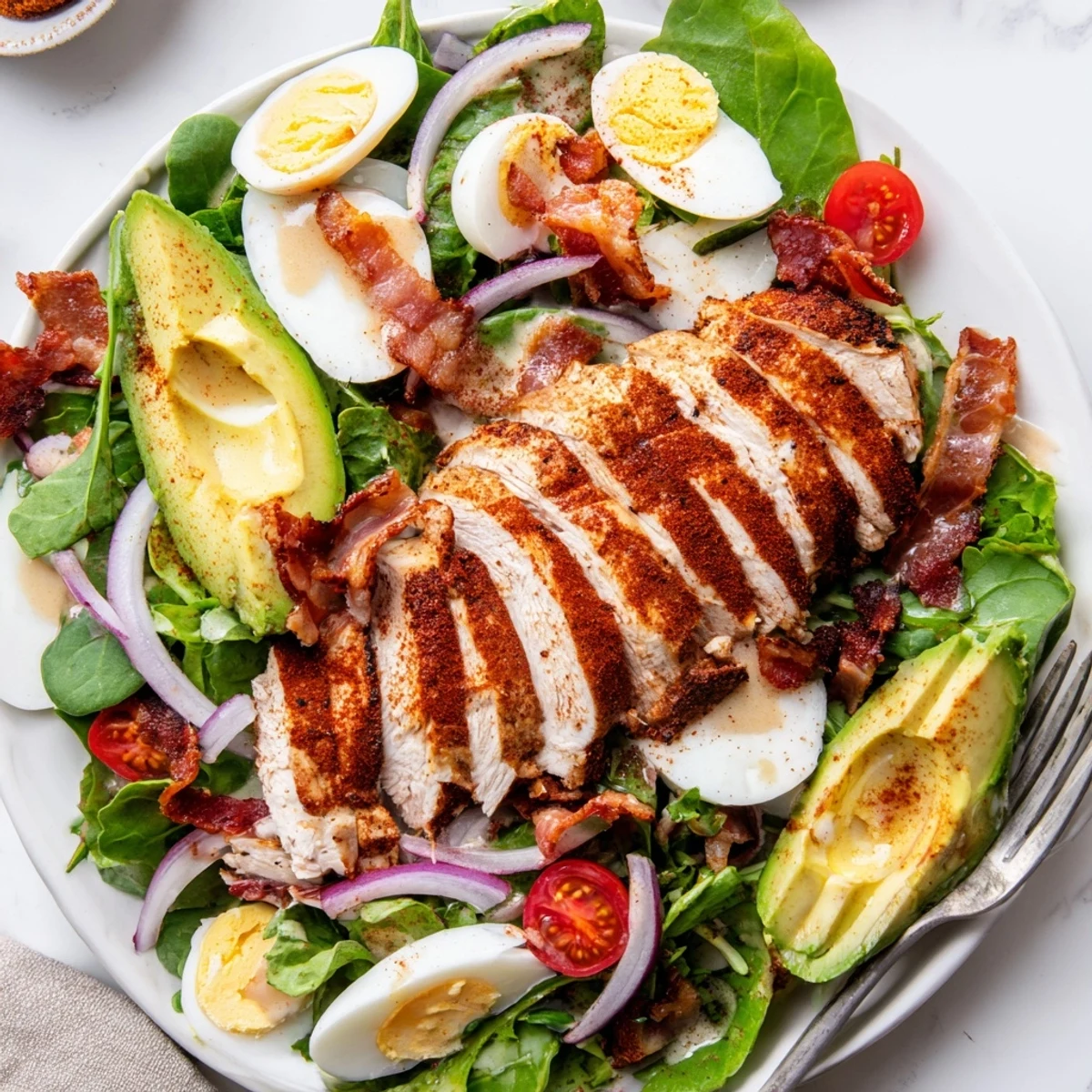 Sliced grilled chicken tops fresh greens, avocado, bacon, and hard-boiled eggs with honey Dijon dressing drizzled over