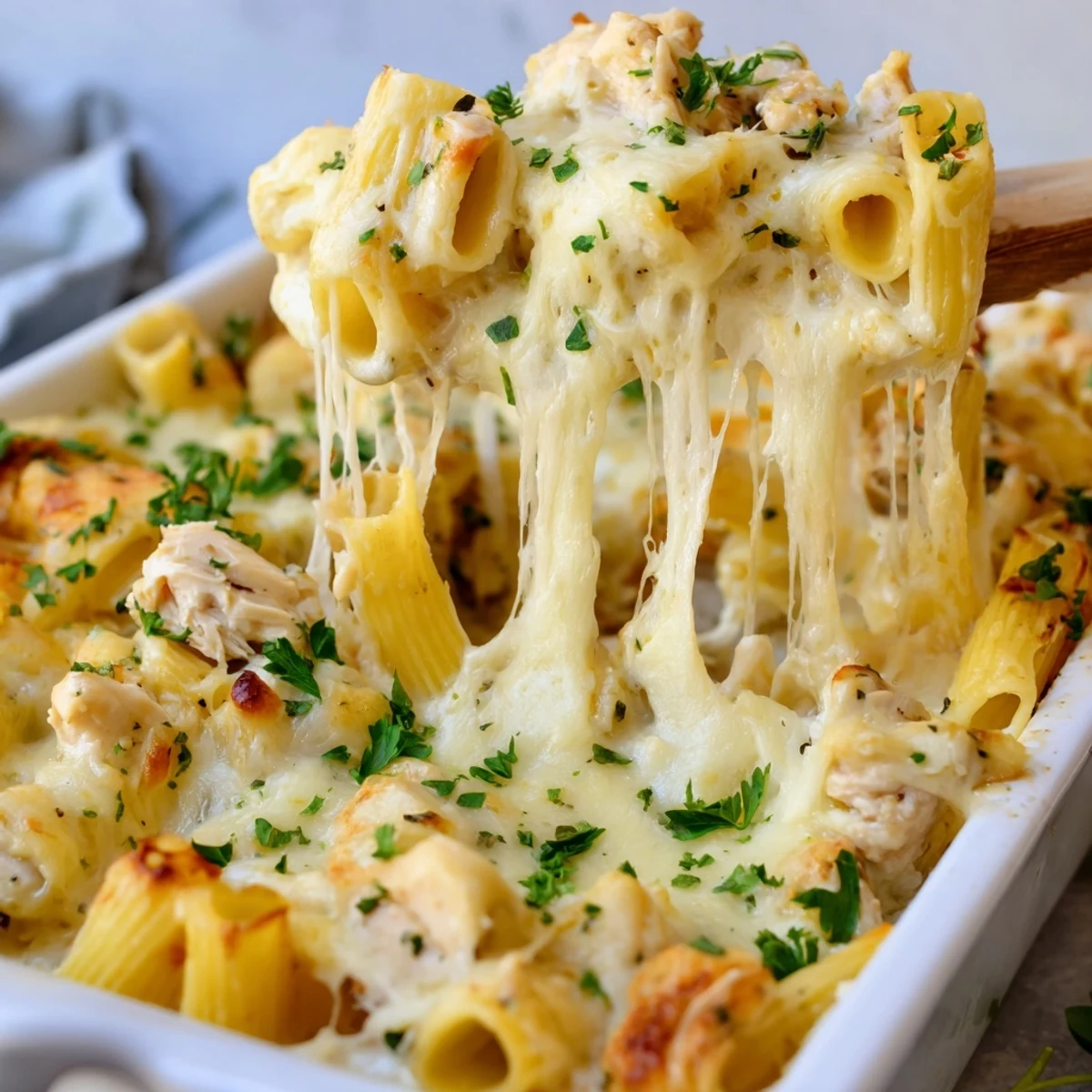 Creamy three-cheese garlic sauce coats tender chicken and rigatoni pasta in this baked casserole