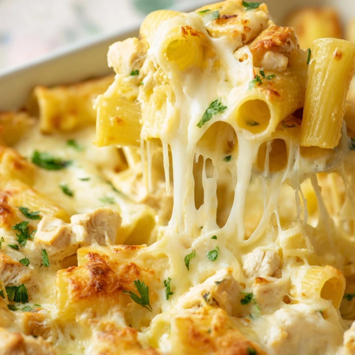 Golden bubbly cheesy garlic chicken rigatoni casserole fresh from oven with parsley garnish